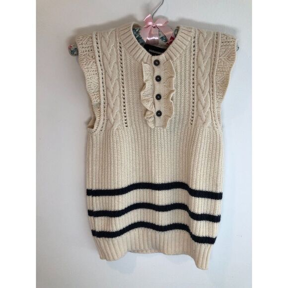 Authentic DSquared2 Ruffle Trim Sleeveless Sweater, Cream w/Navy Stripes, Sz S - Picture 6 of 9